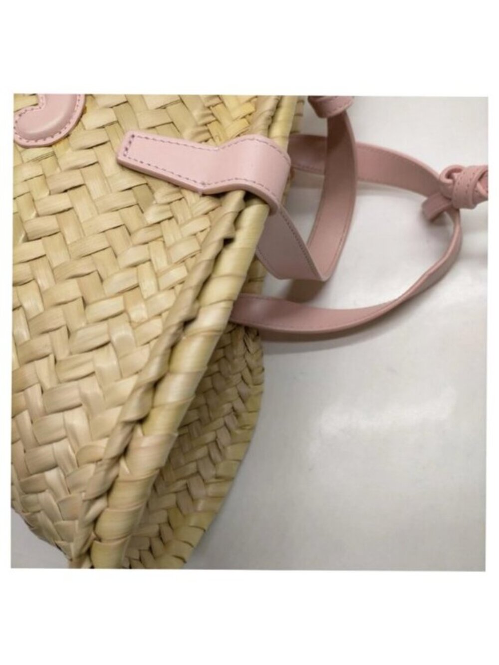 Authentic Celine Triomphe Straw Basket Bag Pink Leather Trim Summer Tote Woven - Picture 9 of 16